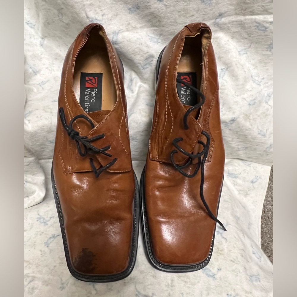 Valentino Men's Brown Leather Handmade Healed Squared Toed Tie Up Shoes